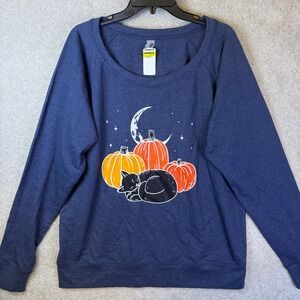 Halloween Sweatshirt Ladies 2XL Instant Message Blue Black Cat Pumpkin Harvest